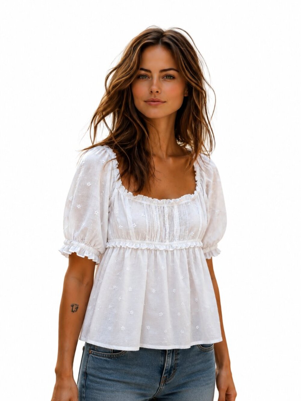 Cotton rich peasant blouse, embroidered floral dot texture, feminine